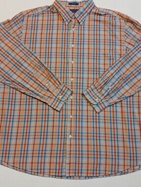 Saddlebred Mens Big & Tall 3XLT Plaid Button Down Shirt Orange Blue Long Sleeve